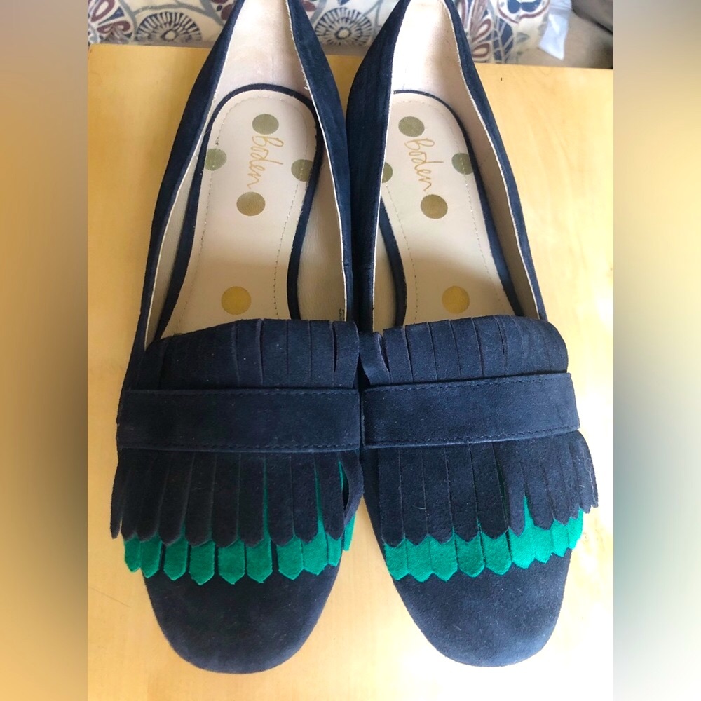Boden Melody suade loafers- navy blue and green. European Size 38 1/2